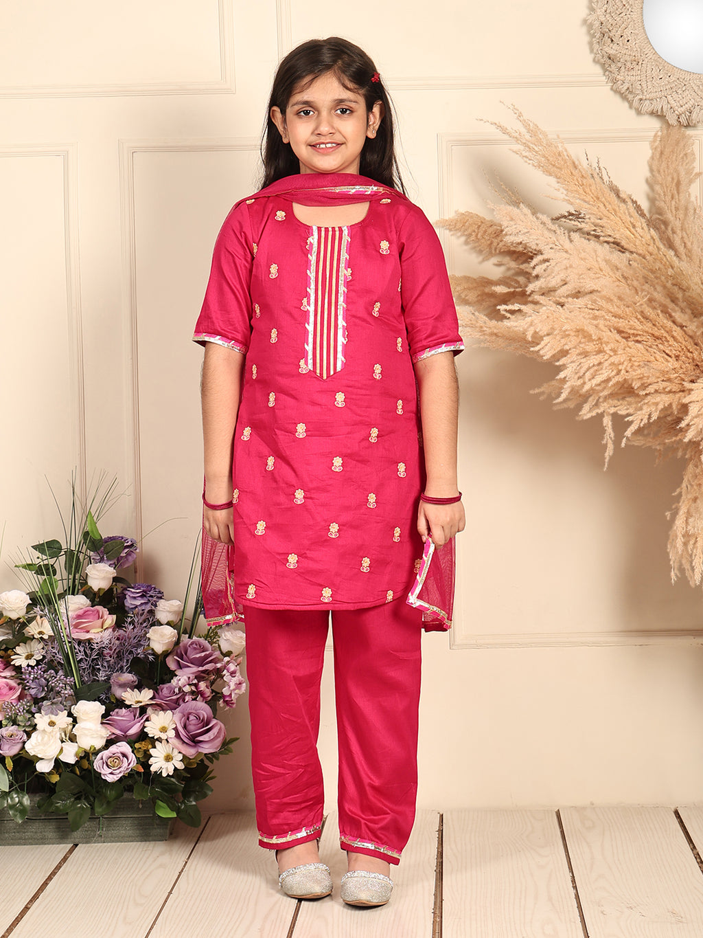 Pink Embroidered kurti Wih Pink Pant and dupatta