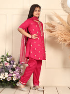 Pink Embroidered kurti Wih Pink Pant and dupatta