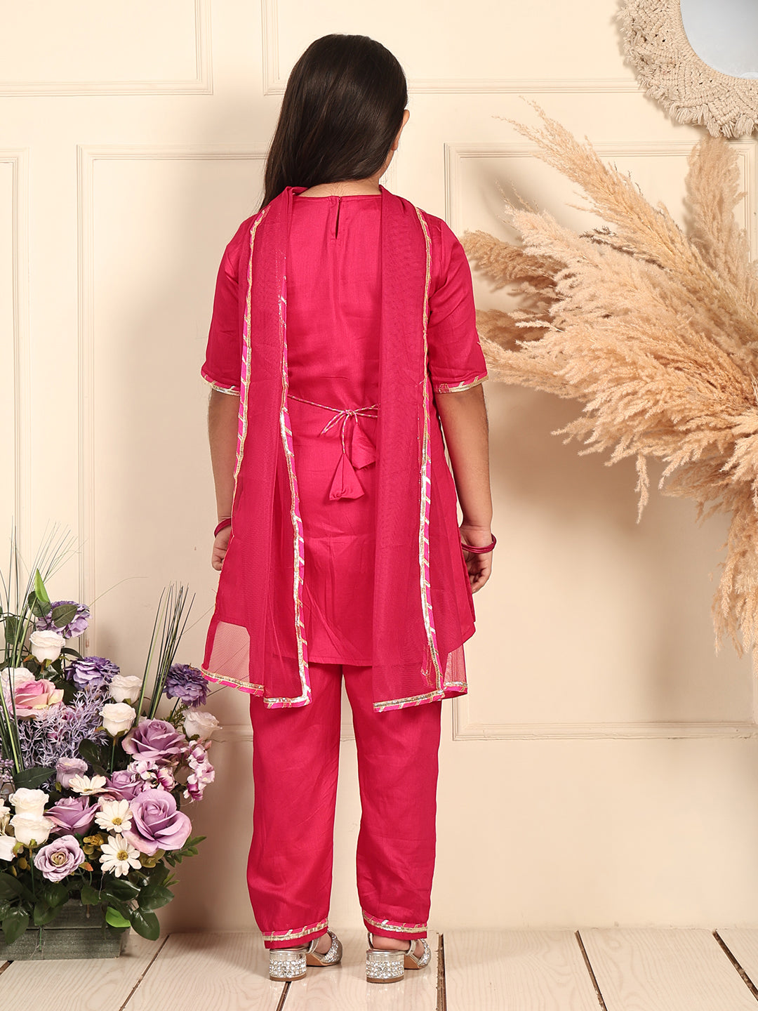 Pink Embroidered kurti Wih Pink Pant and dupatta