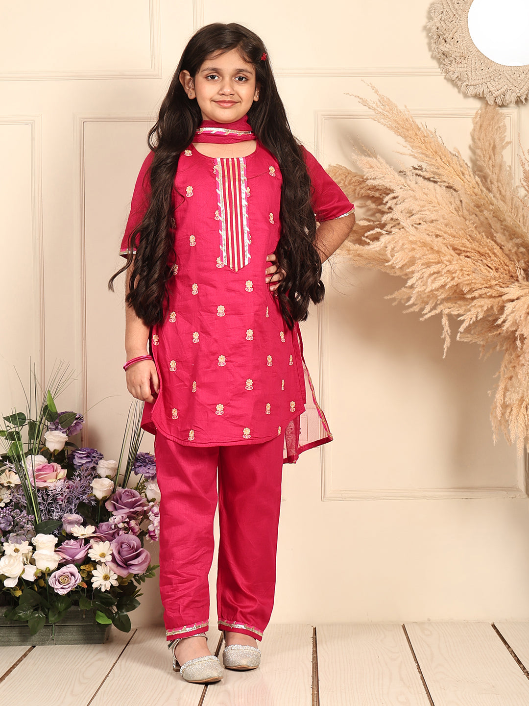 Pink Embroidered kurti Wih Pink Pant and dupatta