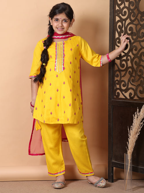 Kinder Kids Yellow Embroidered Top With Yellow Pant and Pink Dupatta