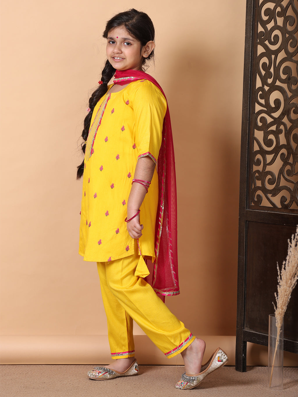 Kinder Kids Yellow Embroidered Top With Yellow Pant and Pink Dupatta