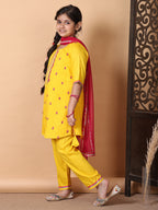 Kinder Kids Yellow Embroidered Top With Yellow Pant and Pink Dupatta