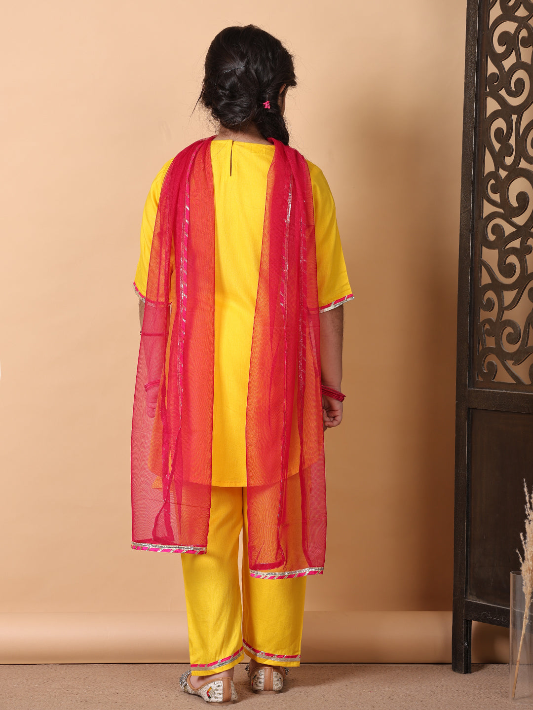 Kinder Kids Yellow Embroidered Top With Yellow Pant and Pink Dupatta