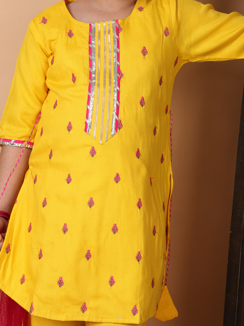 Kinder Kids Yellow Embroidered Top With Yellow Pant and Pink Dupatta