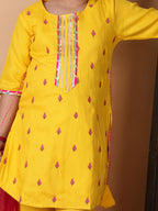 Kinder Kids Yellow Embroidered Top With Yellow Pant and Pink Dupatta
