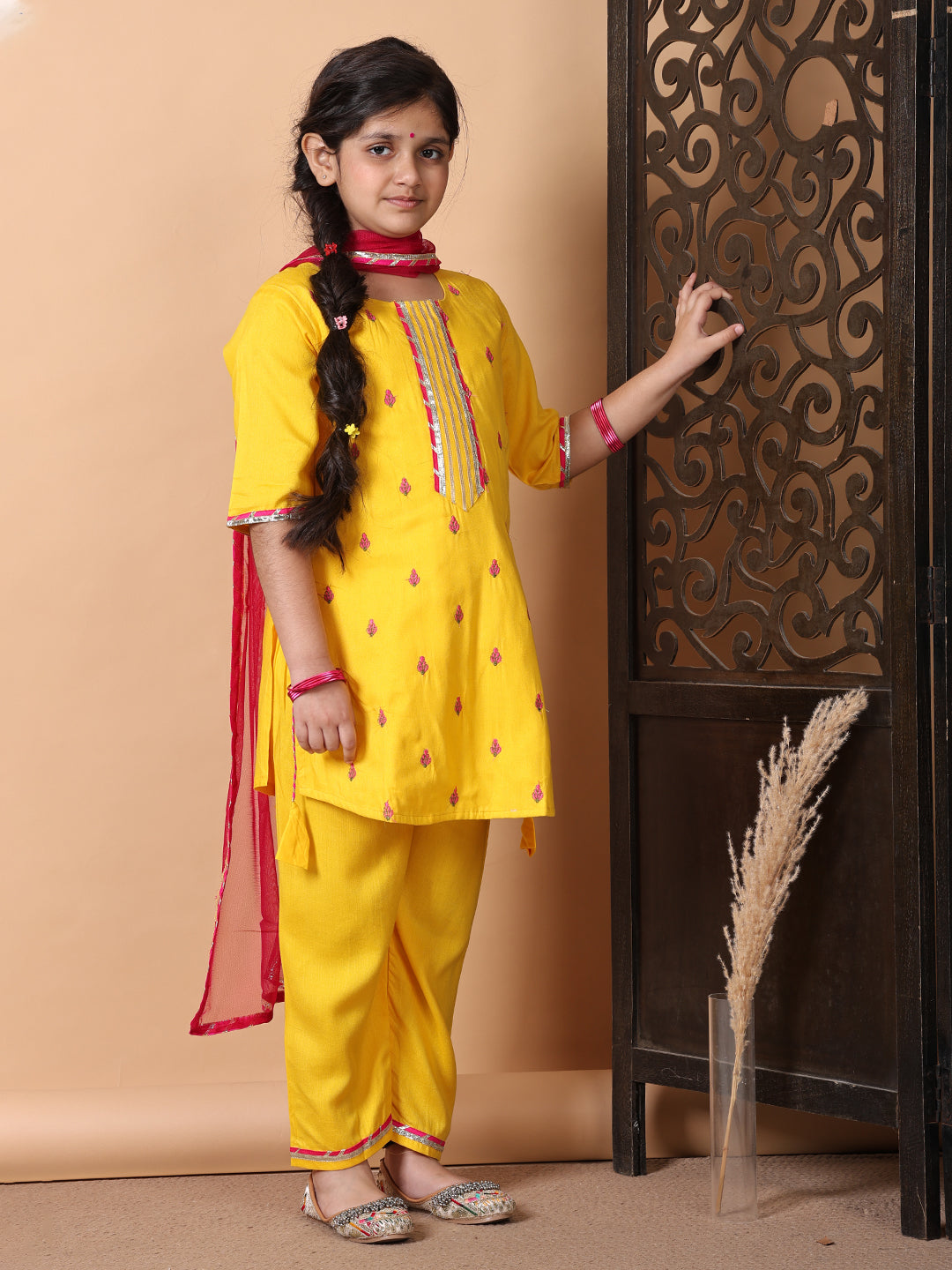 Kinder Kids Yellow Embroidered Top With Yellow Pant and Pink Dupatta