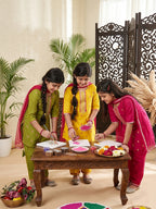 Kinder Kids Yellow Embroidered Top With Yellow Pant and Pink Dupatta