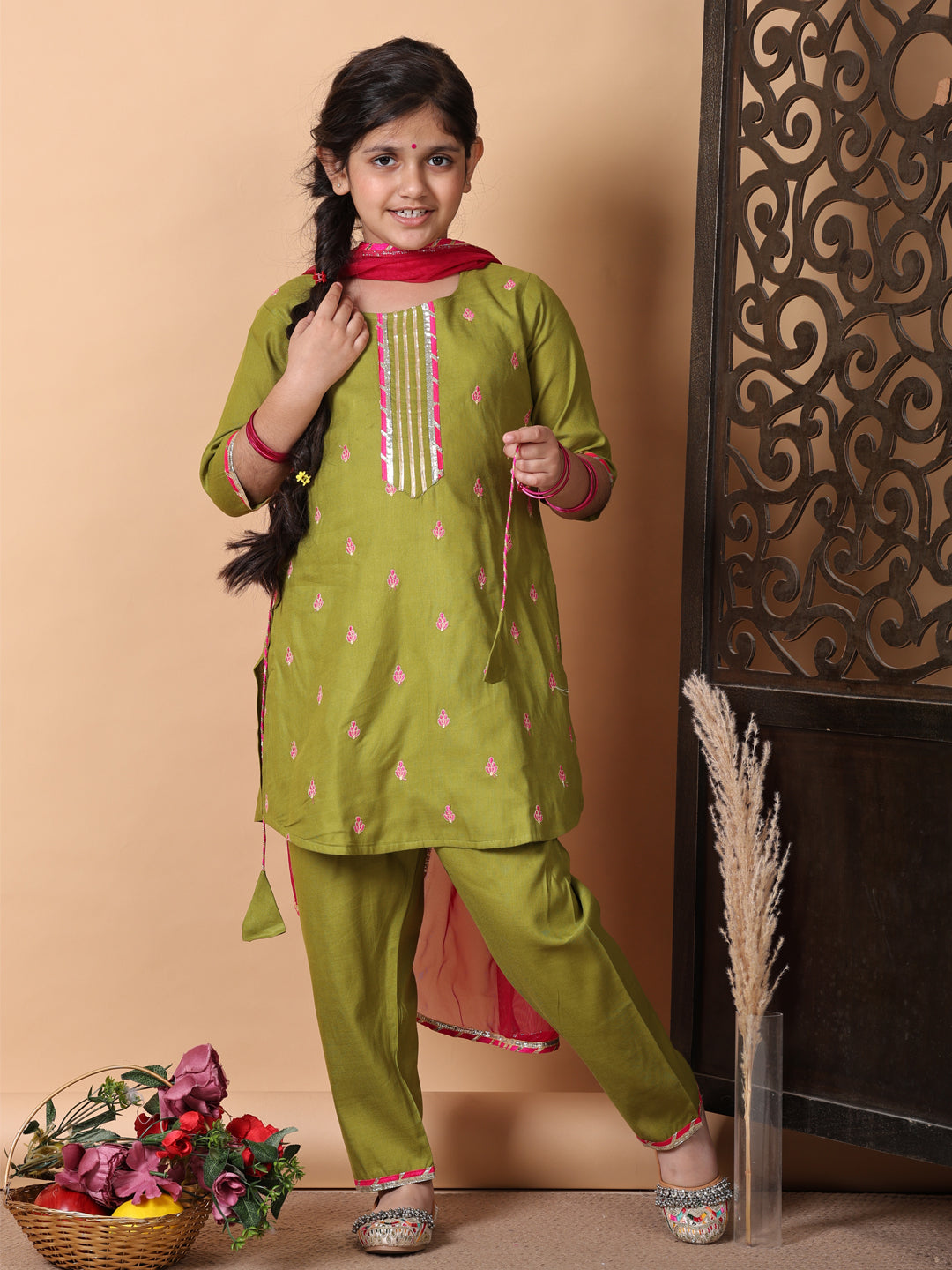 Kinder Kids Green Embroidered Top With Green Pant and Pink Dupatta