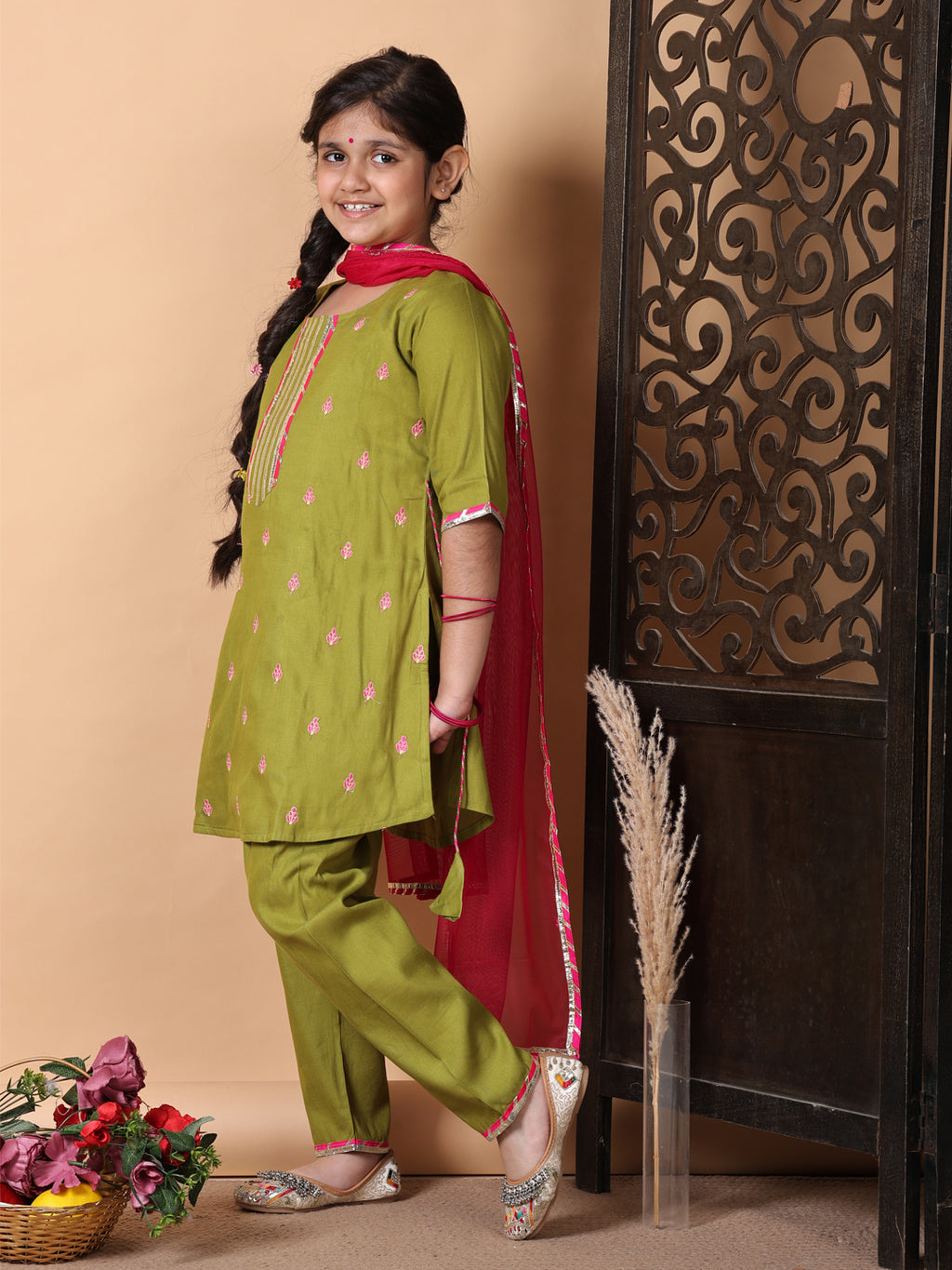 Kinder Kids Green Embroidered Top With Green Pant and Pink Dupatta