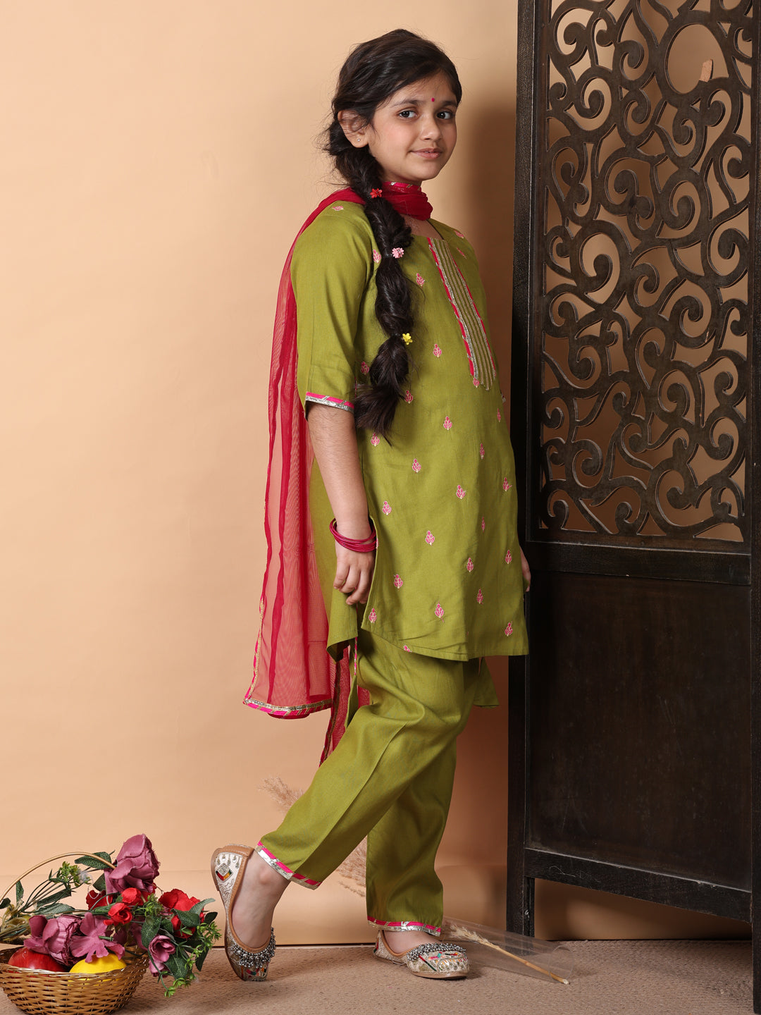 Kinder Kids Green Embroidered Top With Green Pant and Pink Dupatta