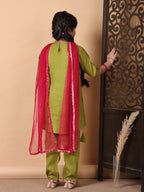 Kinder Kids Green Embroidered Top With Green Pant and Pink Dupatta