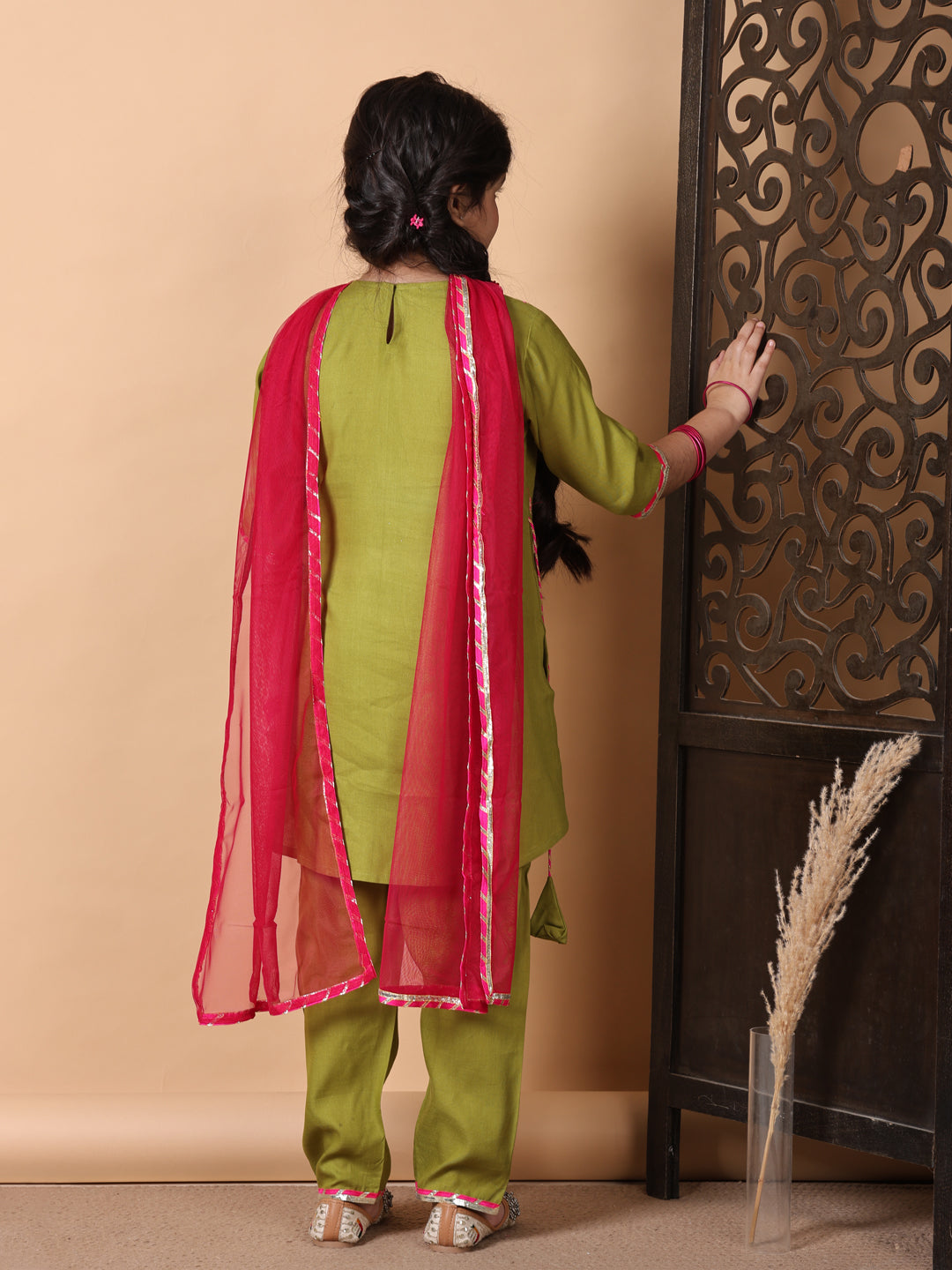 Kinder Kids Green Embroidered Top With Green Pant and Pink Dupatta