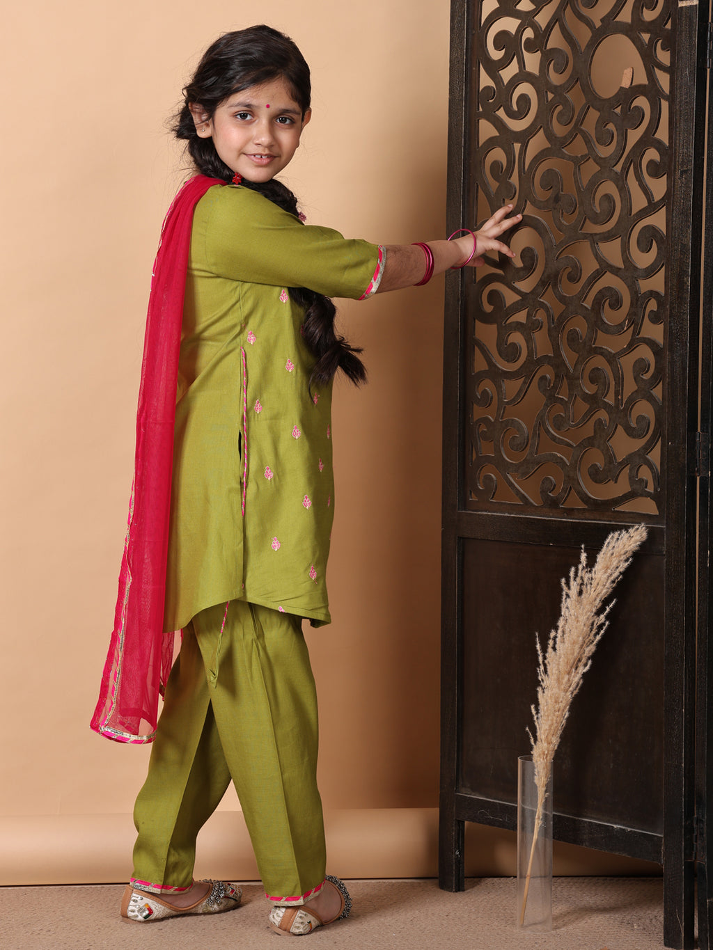 Kinder Kids Green Embroidered Top With Green Pant and Pink Dupatta