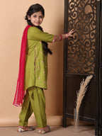 Kinder Kids Green Embroidered Top With Green Pant and Pink Dupatta