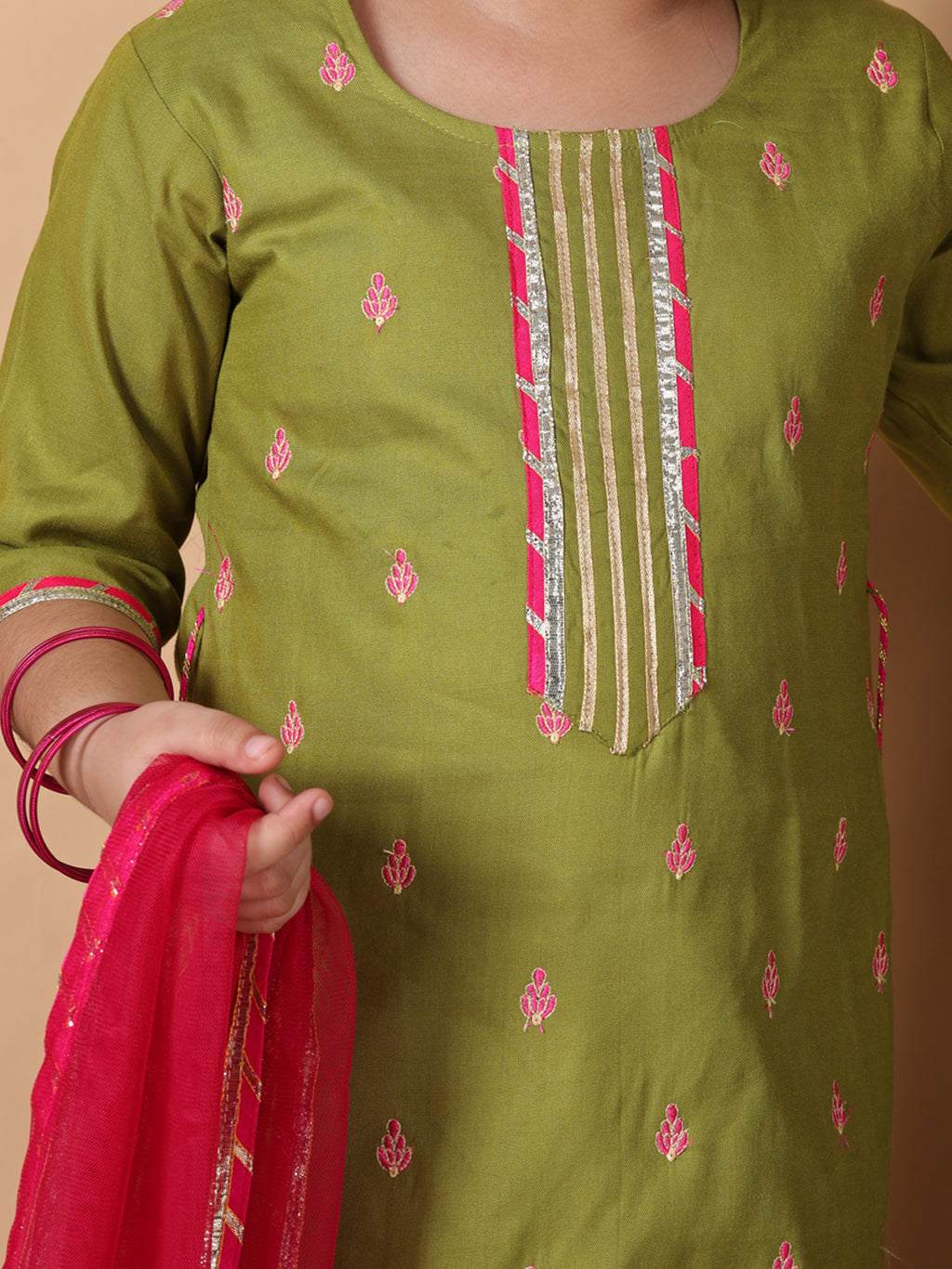 Kinder Kids Green Embroidered Top With Green Pant and Pink Dupatta