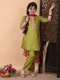 Kinder Kids Green Embroidered Top With Green Pant and Pink Dupatta
