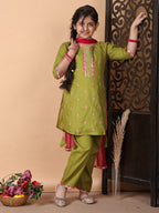 Kinder Kids Green Embroidered Top With Green Pant and Pink Dupatta
