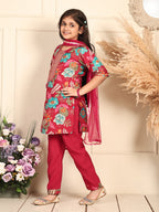 Kinder Kids Red floral printed kurti Wih Red Pant and dupatta