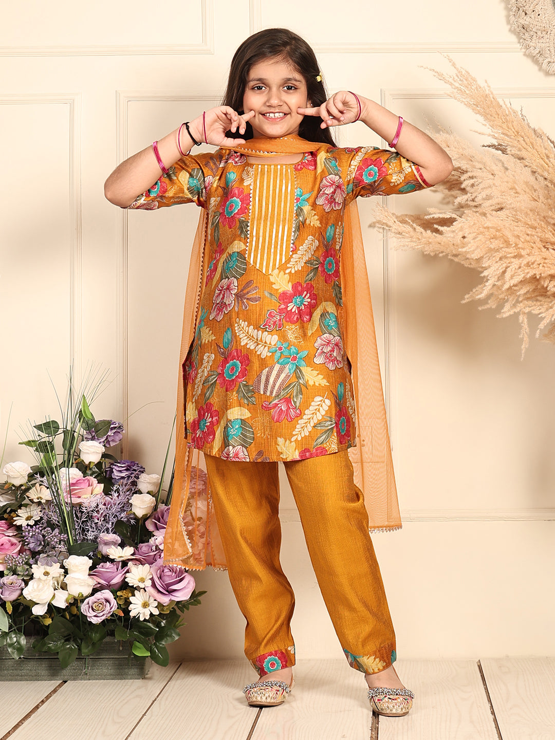 Kinder Kids Yellow floral printed kurti Wih Yellow Pant and dupatta
