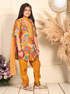Kinder Kids Yellow floral printed kurti Wih Yellow Pant and dupatta