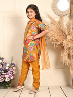 Kinder Kids Yellow floral printed kurti Wih Yellow Pant and dupatta