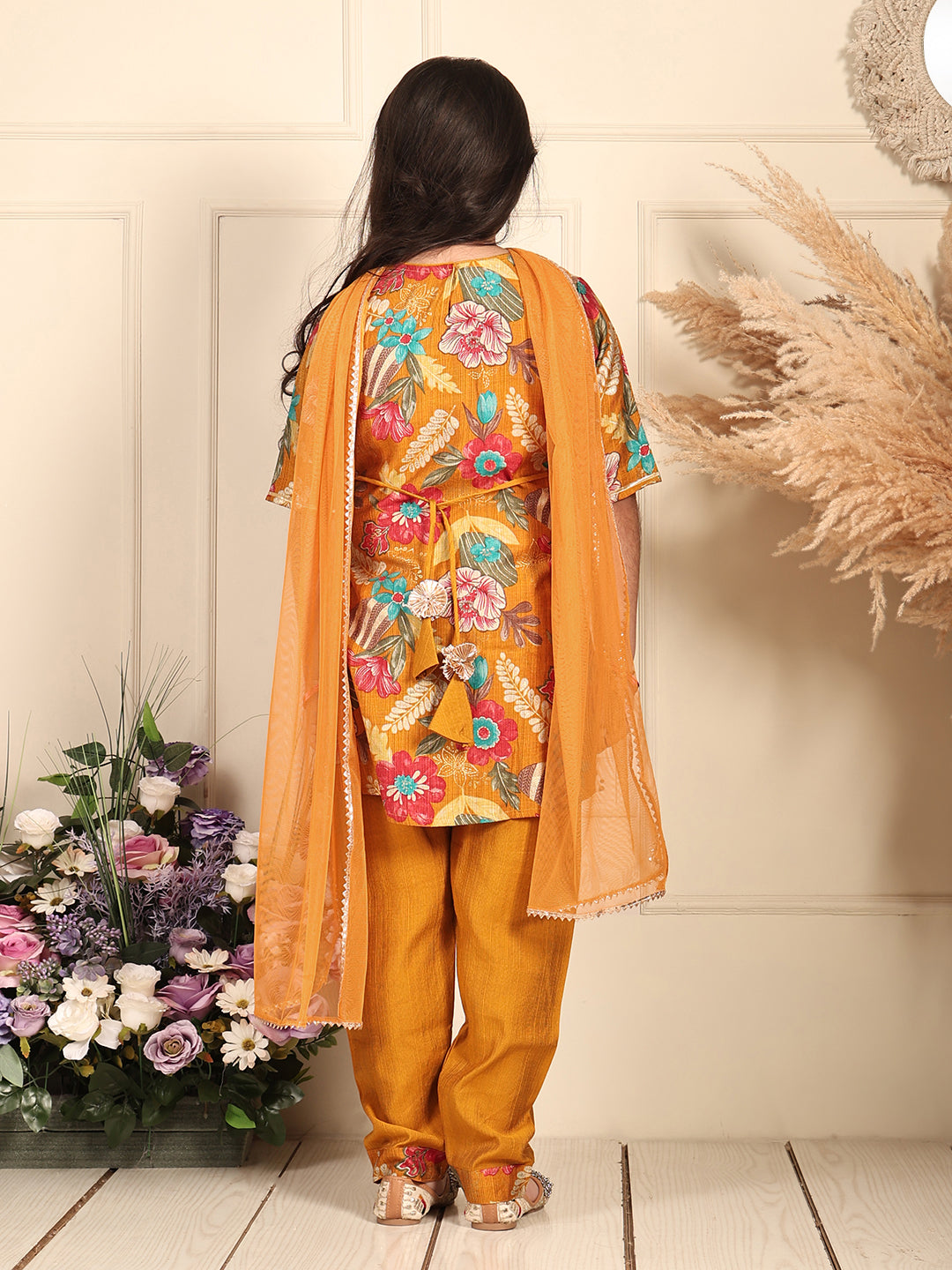 Kinder Kids Yellow floral printed kurti Wih Yellow Pant and dupatta