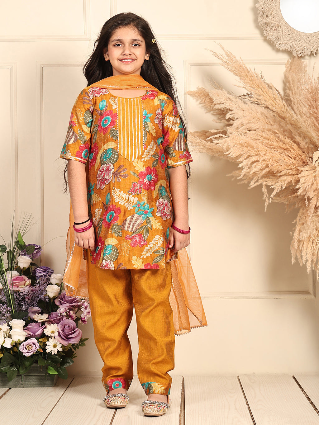 Kinder Kids Yellow floral printed kurti Wih Yellow Pant and dupatta
