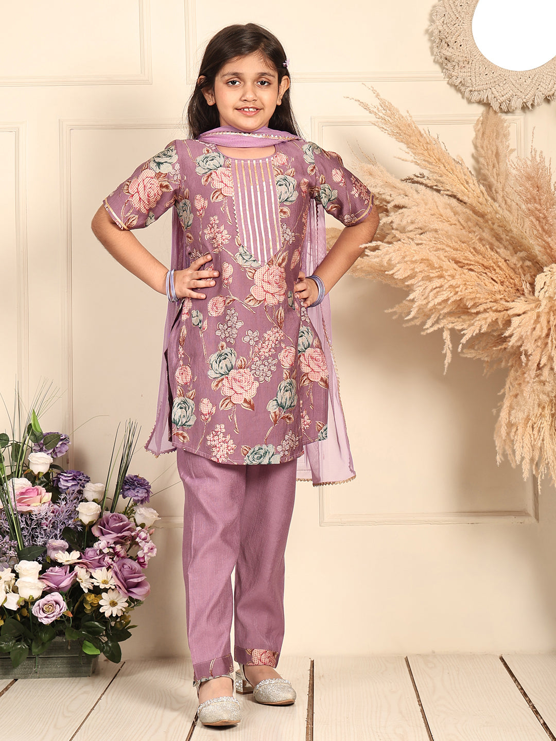 Kinder Kids Purple floral printed kurti Wih Purple Pant and dupatta