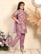 Kinder Kids Purple floral printed kurti Wih Purple Pant and dupatta