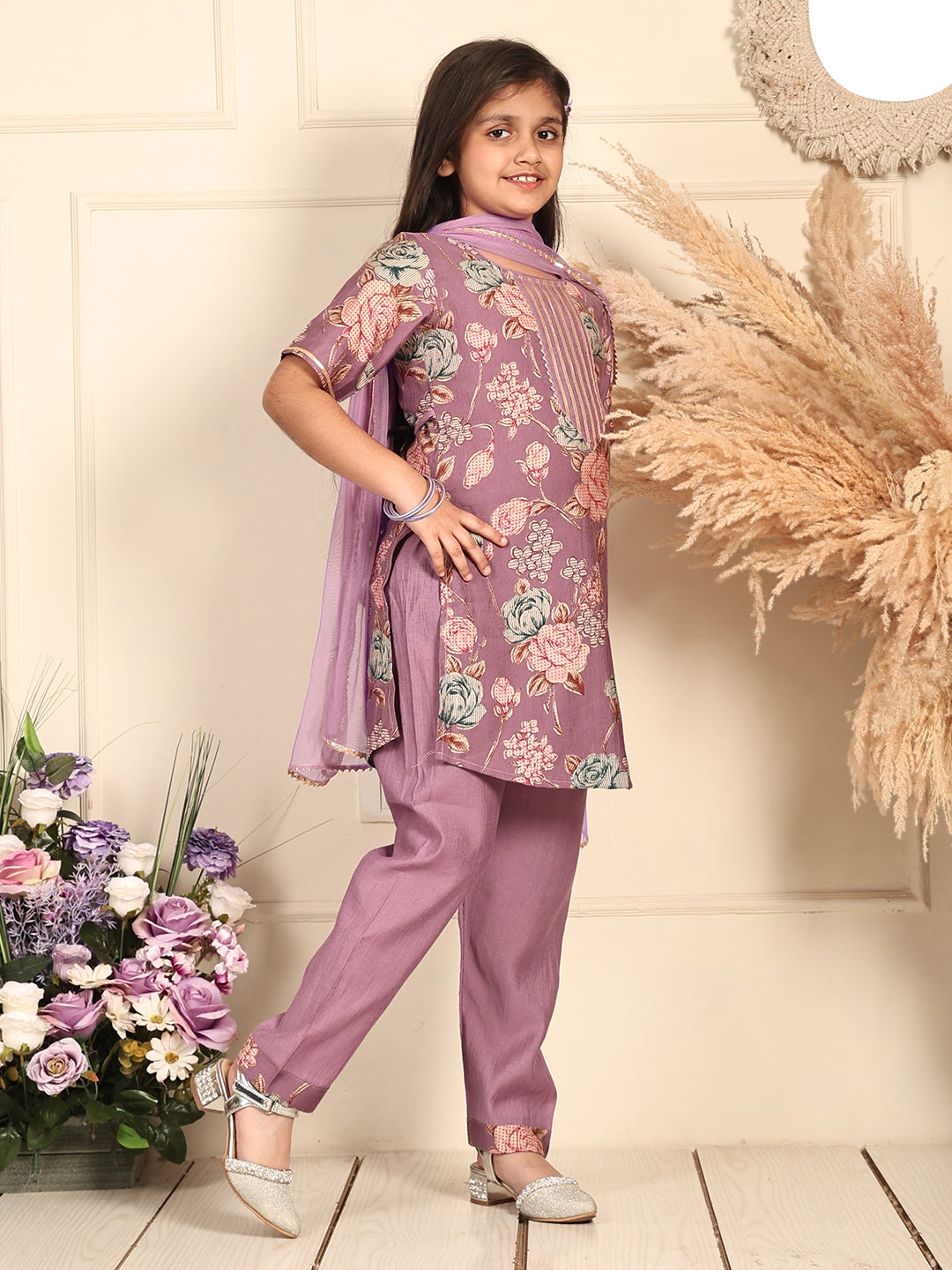 Kinder Kids Purple floral printed kurti Wih Purple Pant and dupatta