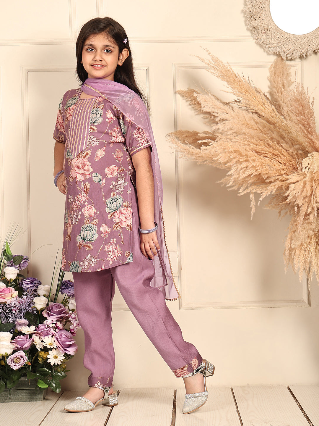 Kinder Kids Purple floral printed kurti Wih Purple Pant and dupatta