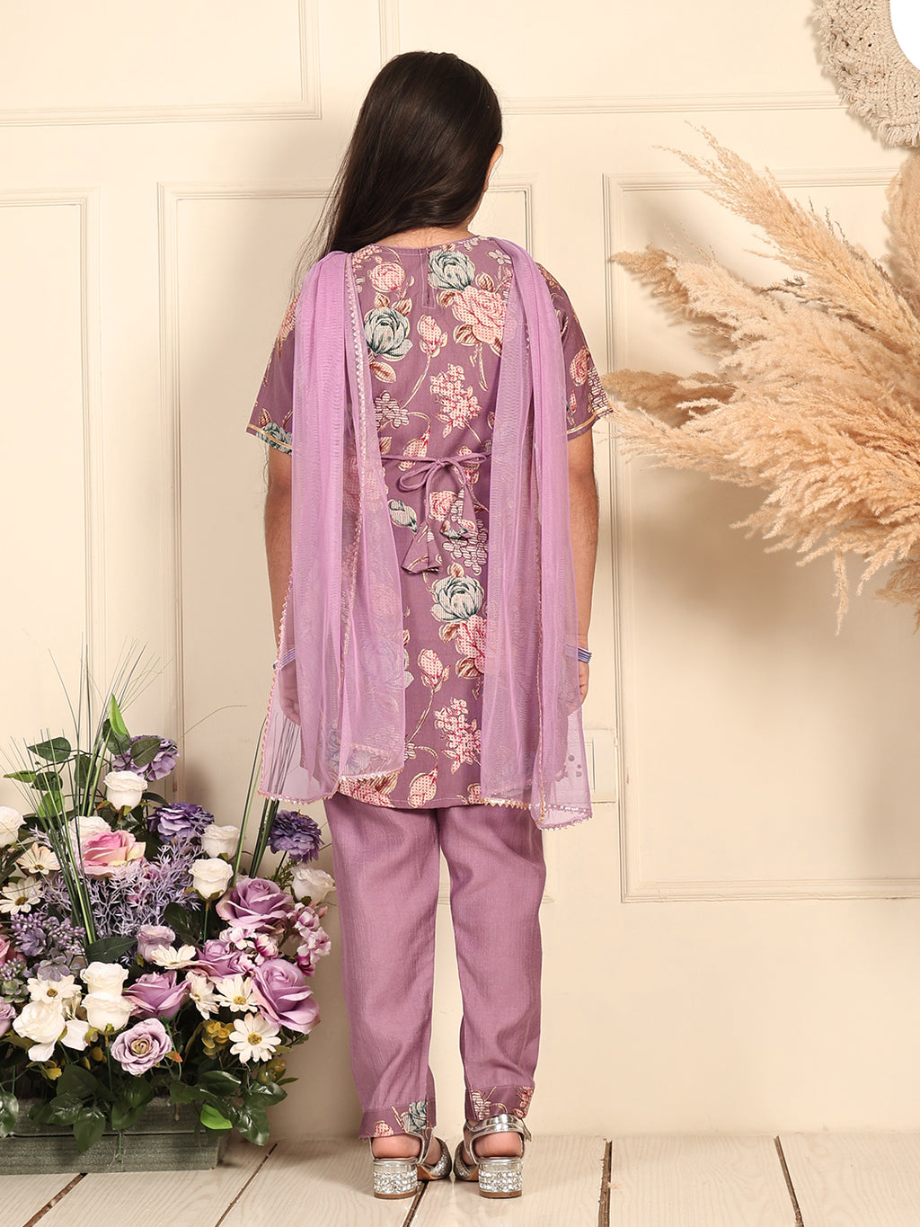 Kinder Kids Purple floral printed kurti Wih Purple Pant and dupatta