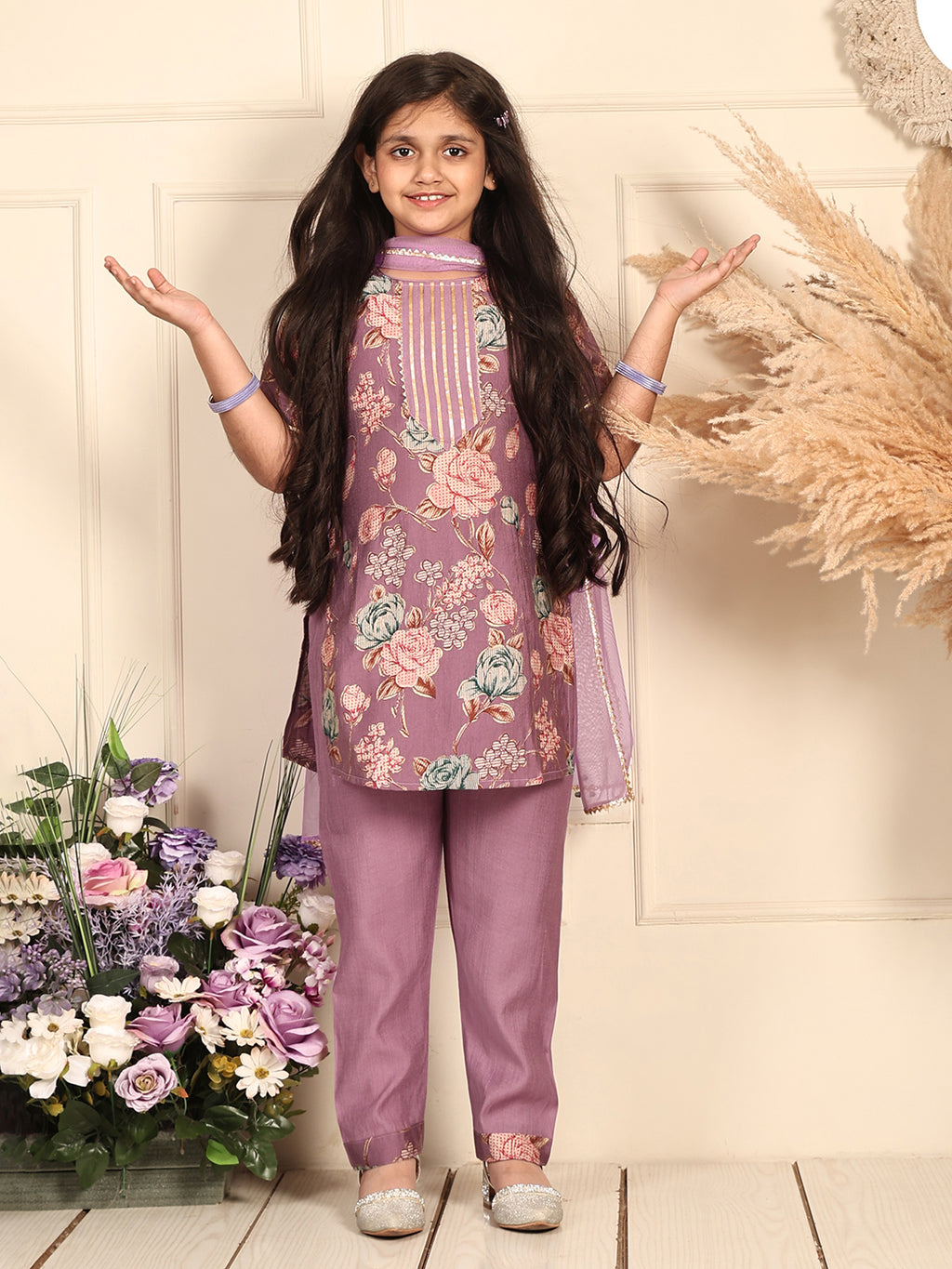 Kinder Kids Purple floral printed kurti Wih Purple Pant and dupatta