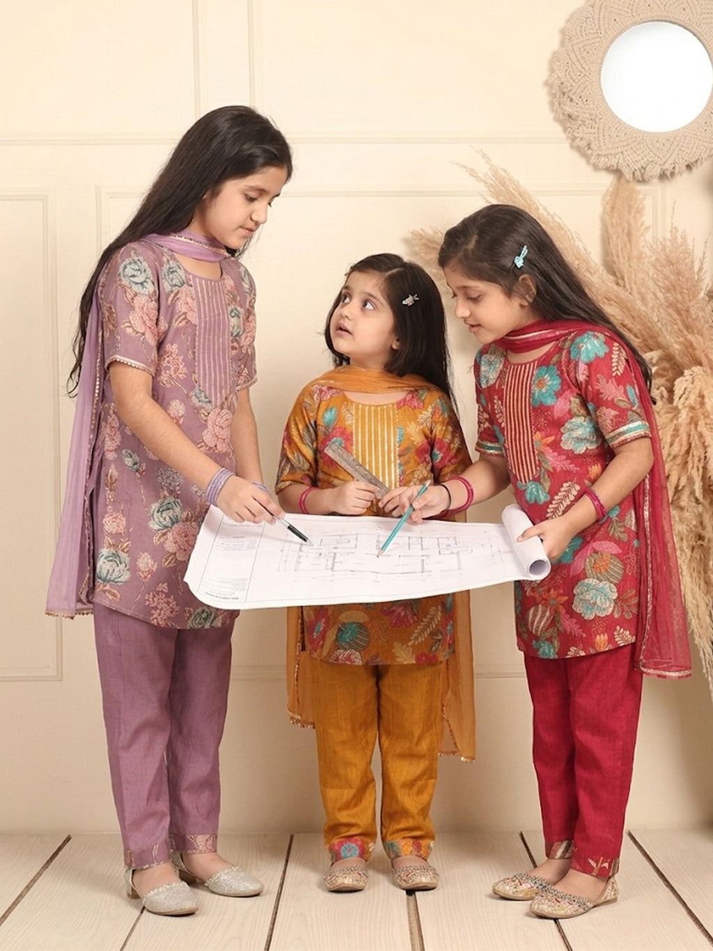 Kinder Kids Purple floral printed kurti Wih Purple Pant and dupatta
