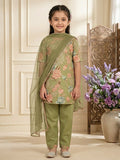 Kinder Kids Green Floral Printed Top With Green Pant and Pink Dupatta