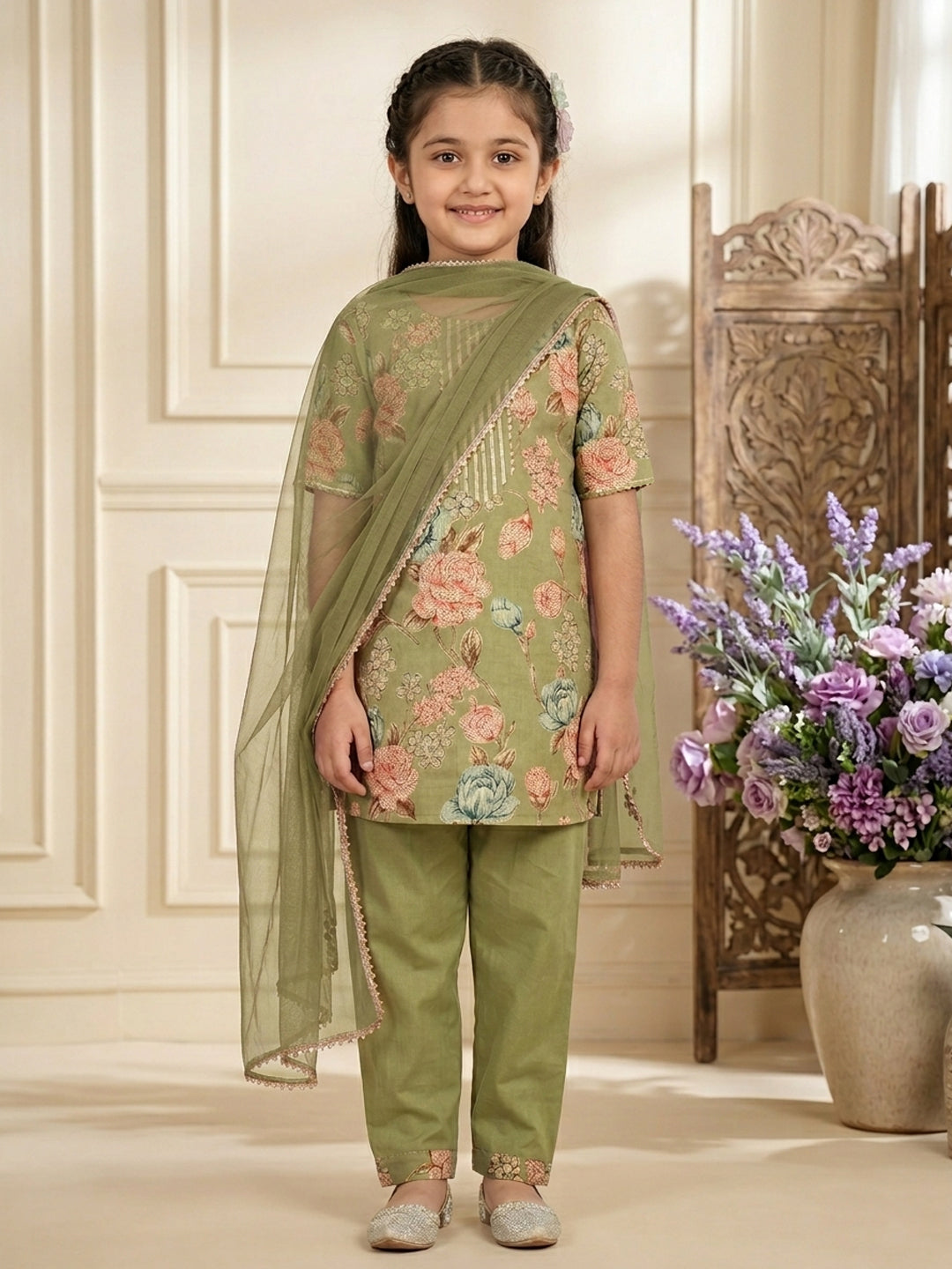 Kinder Kids Green Floral Printed Top With Green Pant and Pink Dupatta