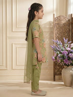 Kinder Kids Green Floral Printed Top With Green Pant and Pink Dupatta