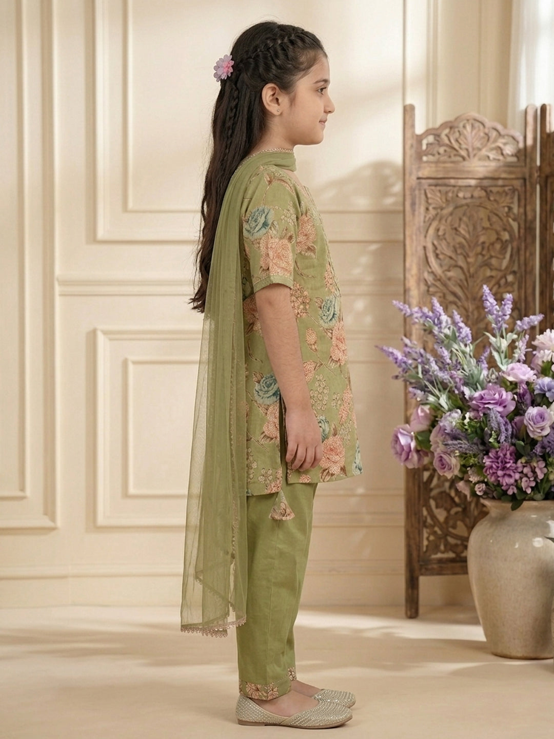 Kinder Kids Green Floral Printed Top With Green Pant and Pink Dupatta