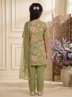 Kinder Kids Green Floral Printed Top With Green Pant and Pink Dupatta