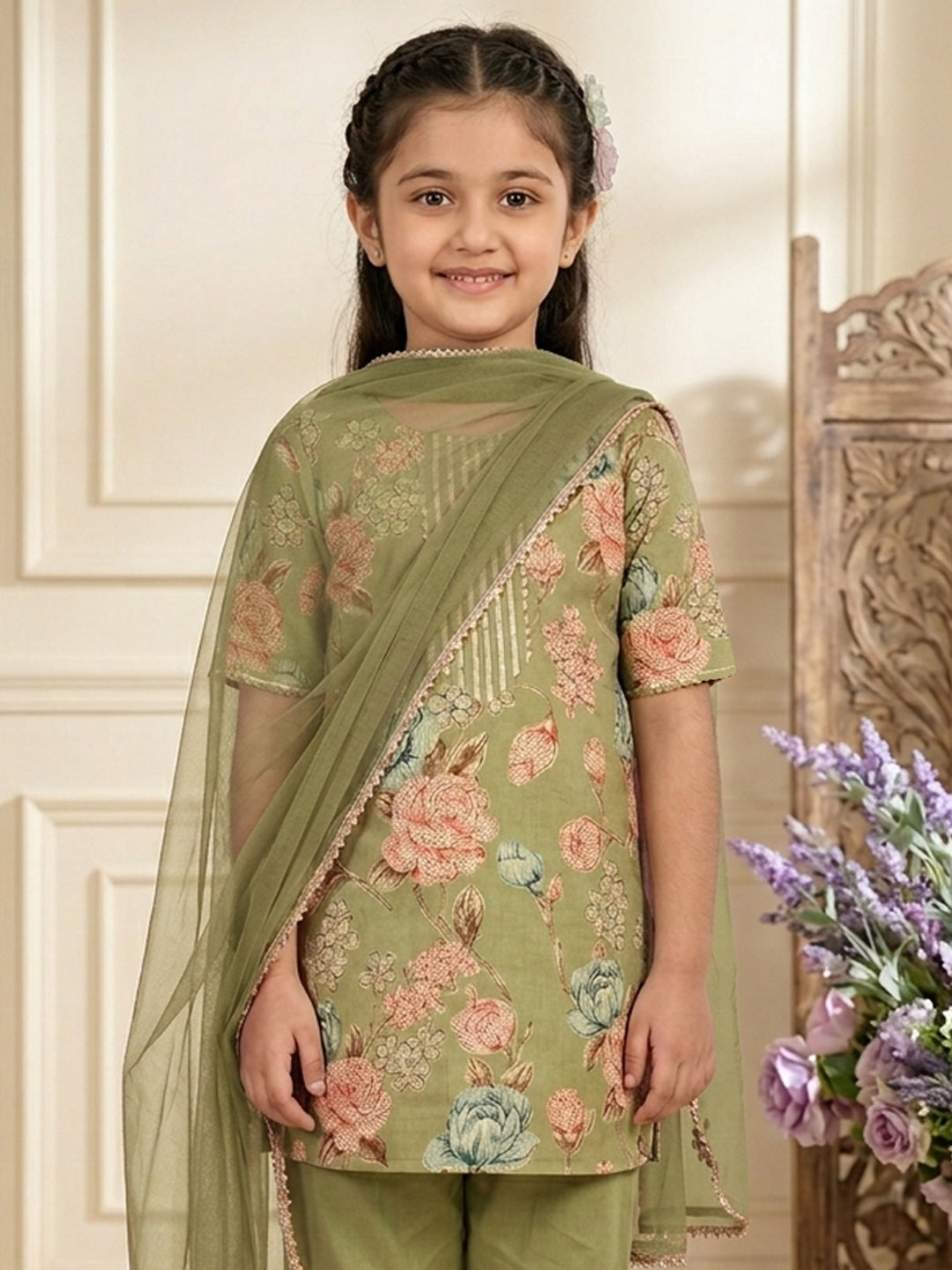 Kinder Kids Green Floral Printed Top With Green Pant and Pink Dupatta