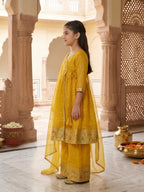 Kinder Kids Yellow Printed Angrakha Top with Yellow Sharara And Dupatta