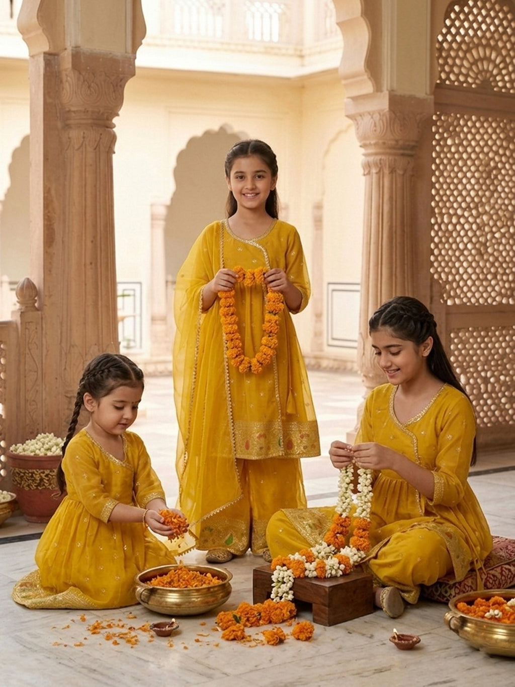 Kinder Kids Yellow Printed Angrakha Top with Yellow Sharara And Dupatta