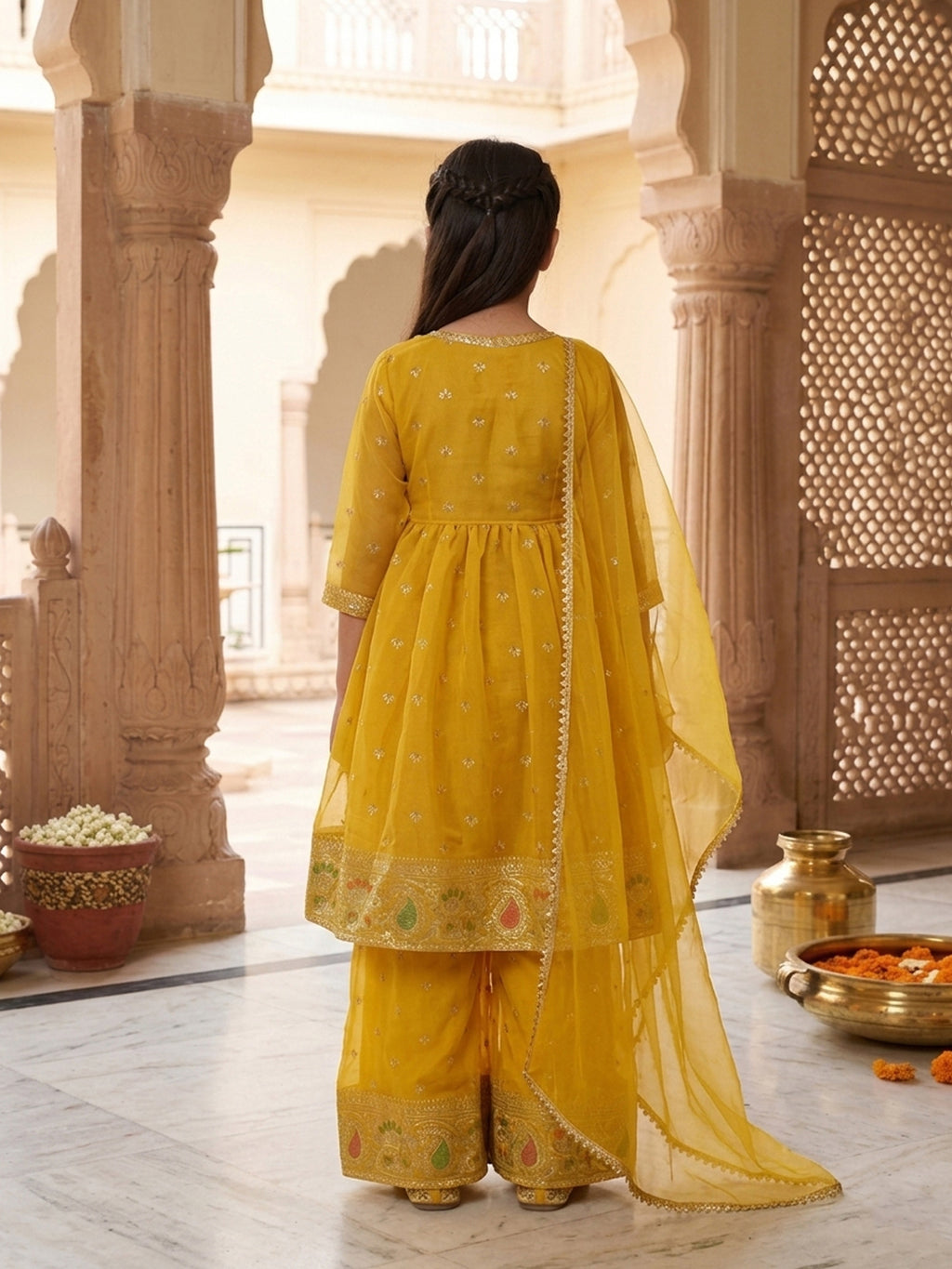 Kinder Kids Yellow Printed Angrakha Top with Yellow Sharara And Dupatta