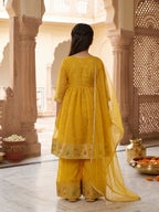 Kinder Kids Yellow Printed Angrakha Top with Yellow Sharara And Dupatta