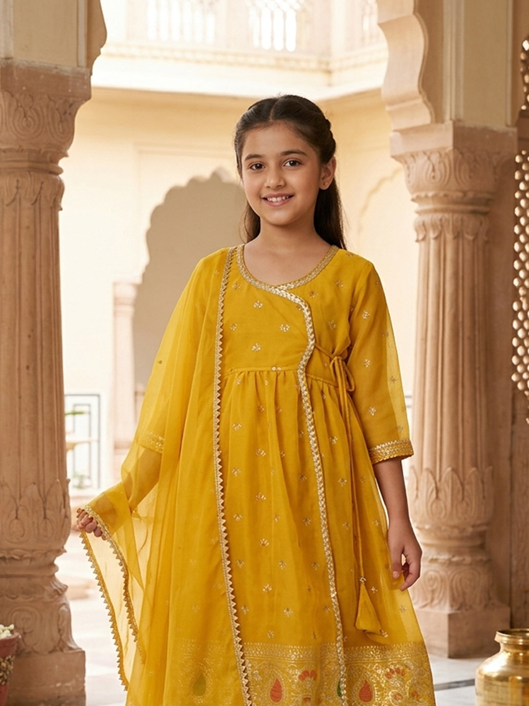 Kinder Kids Yellow Printed Angrakha Top with Yellow Sharara And Dupatta