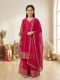 Kinder Kids Pink Printed Angrakha Top with Pink Sharara And Dupatta