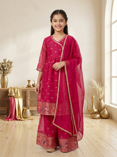 Kinder Kids Pink Printed Angrakha Top with Pink Sharara And Dupatta