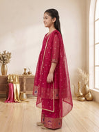 Kinder Kids Pink Printed Angrakha Top with Pink Sharara And Dupatta