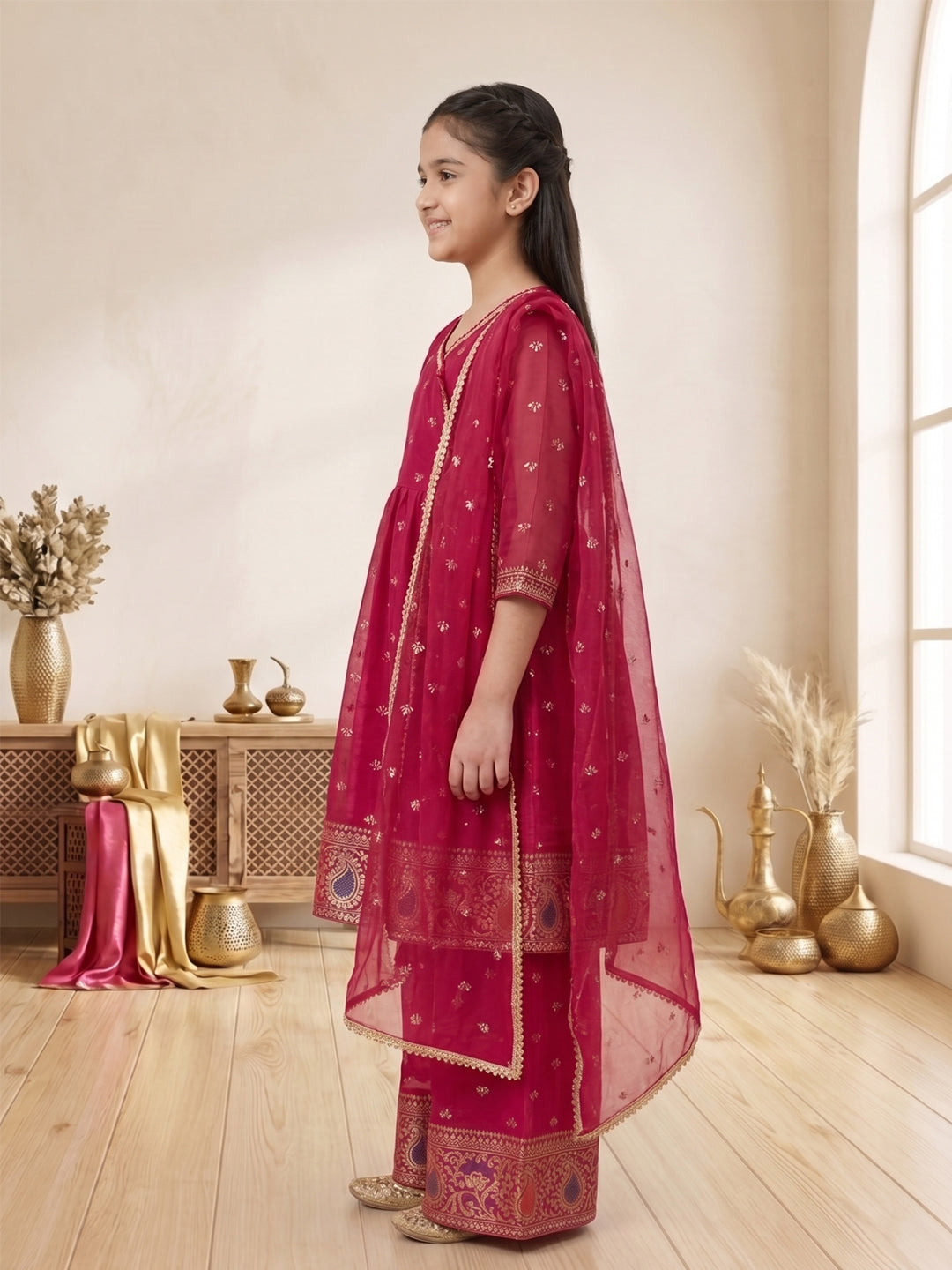 Kinder Kids Pink Printed Angrakha Top with Pink Sharara And Dupatta